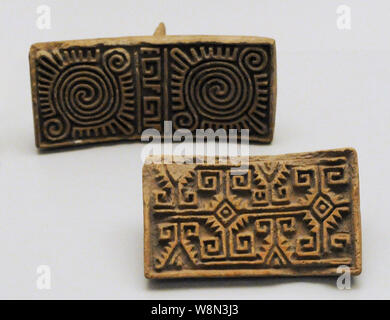 Stamps. Ceramics. Aztec culture. Late Postclassic Period (1250-1520 AD). Central Mexico. Museum of the Ameridas. Madrid, Spain. Stock Photo