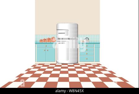 kitchen counter with spice & flower untility tins a steam kettle & cup cupboard doors & an antique fridge Stock Vector