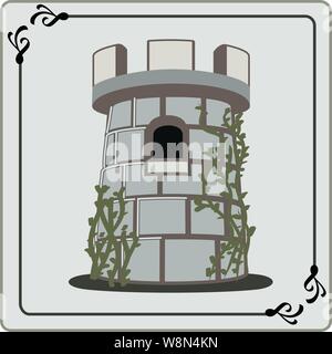 light colored castle or rook game piece with clinging vines one window  & archers top Stock Vector