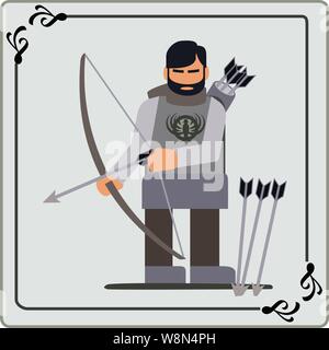 Light colored archer with  animal insignia on his chest head mail bow and arrows ready Stock Vector