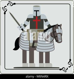 Light colored knight in helmet & armor  on a horse with mail protection, with sword Stock Vector