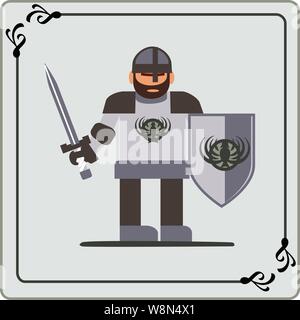 Light colored knight with crest on his chest helmet & armor with sword and shield Stock Vector