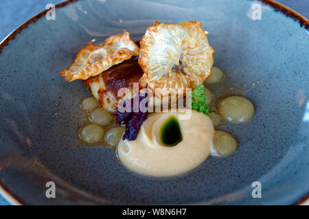 Creative appetizer of hummus, fried celeriac, green aromatic oil and fruit gel in clay plate, close-up Stock Photo