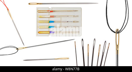 collection of various sewing needles close up isolated on white background Stock Photo