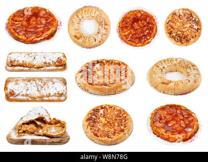 collection of various apple pies (Charlotte apple cakes, apple strudel, tarte Tatin) isolated on white background Stock Photo