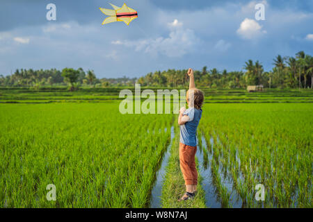 Tourist boy launches a kite in a rice field. Traveling with children concept. Kids friendly place Stock Photo