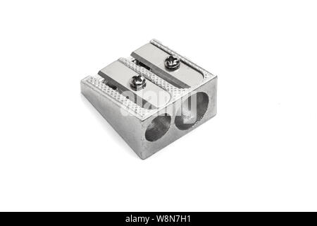 Metallic pencil sharpener with Double Hole isolated on white background. School concept Stock Photo