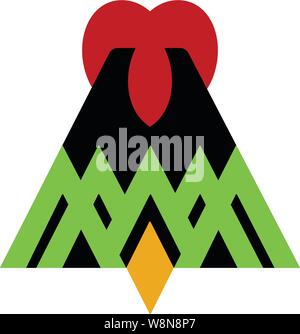 Heat shaped lava flows from a volcano surrounded by green trees. Logo style Stock Vector