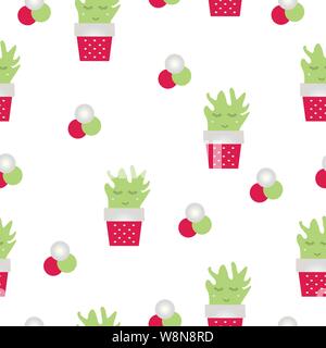 seamless pattern with smiling cactus flowers vector - red and green colors Stock Vector