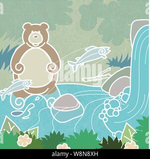 Bear Fishing An animated brown bear fishing for salmon in a river with a water fall Stock Vector