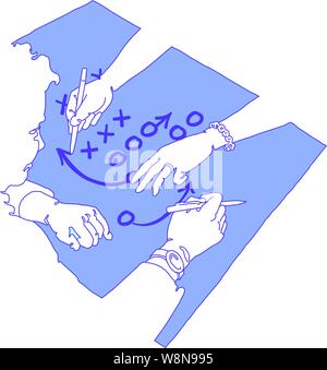 A plan or document on a flat surface with the shapes of two people. working on the document. The people are seen as negative shapes cut out of the pap Stock Vector