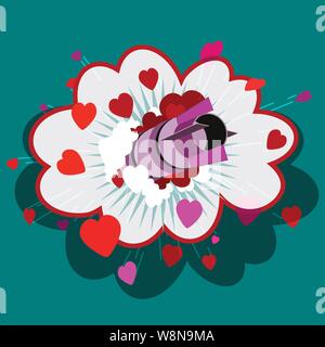 Love bomb, smoke cloud and exploding hearts purle bomb on a bluegreen background Stock Vector