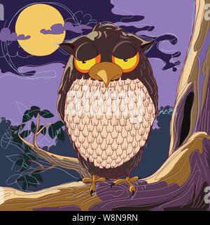An owl with big yellow eyes sits on the branch of a tree under a cloudy sky with a full moon Stock Vector