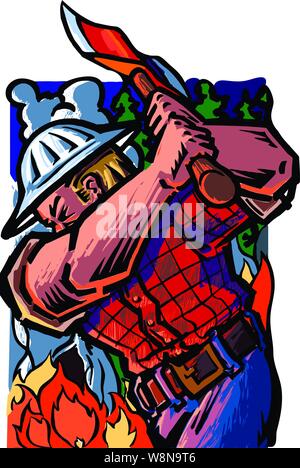 A logger/forest fighter swinging an ax. Behind are flames, clouds or smoke and trees. He wears a hard hat on his head Stock Vector