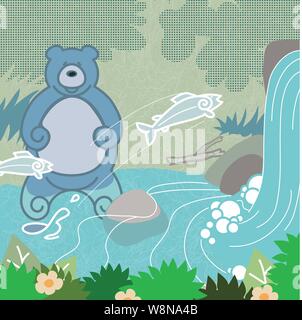 Bear Fishing An animated brown bear fishing for salmon in a river with a water fall Stock Vector