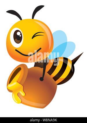 Cartoon cute happy bee carry a big honey pot fill with fresh organic honey - Vector illustration isolated Stock Vector