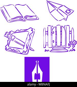 Several icons: an open book, a paper airplane with a postage stamp on it, a picture frame with a paint brush poking through it, a garden gate, a pen n Stock Vector