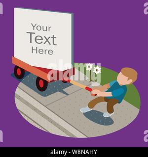 Little red wagon with a large sign being pulled by a small boy past a grassy lawn with some daisies Stock Vector