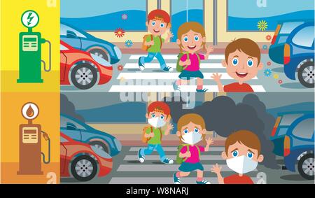 Illustration showing three happy children on a road traveled by electric cars, and three sad children on a road polluted by emissions from petrol cars Stock Vector