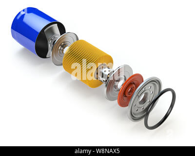 Car oil filter isolated on white. Exploded view. 3d illustration Stock Photo