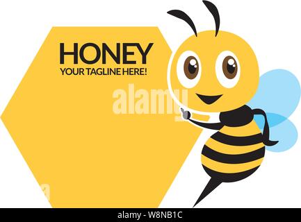 Cartoon cute bee character, flat vector mascot, pointing signboard - vector Stock Vector