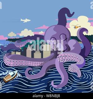 A giant octopus hugging a city creates turbulent waters as a jet airliners flies by, a helicopter looks on and a boat rashes against the waves Stock Vector