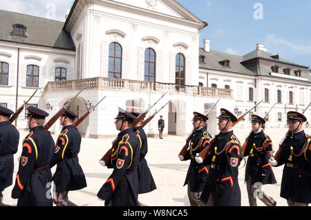 BRATISLAVA - APRIL 7 2019: traditional military ceremonies of the Changing of the Guard in the GRASSALKOVICH PALACE, presidential palace in Bratislava Stock Photo