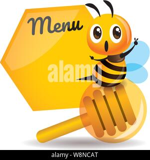 Cartoon cute bee sitting on the honey dipper with big menu board. Stock Vector