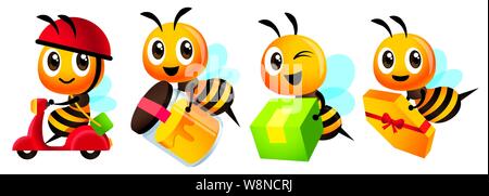 Cartoon cute bee mascot set. Cartoon cute bee deliver product set. Cute bee ride scooter, cute bee carry organic honey bottle - Vector character illus Stock Vector