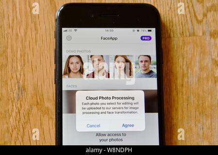 FaceApp warning for cloud photo processing which was a response to privacy and security concerns over users photos Stock Photo
