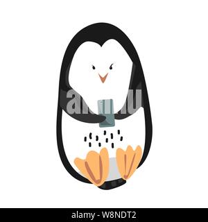Cute funny emperor penguin with mobile phone isolated on white background. Vector illustration Stock Vector
