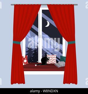 The sofa on the window sill. Christmas Window seat with a cat and beautiful mountains landscape view. Hand-drawn vector illustration in scandinavian Stock Vector