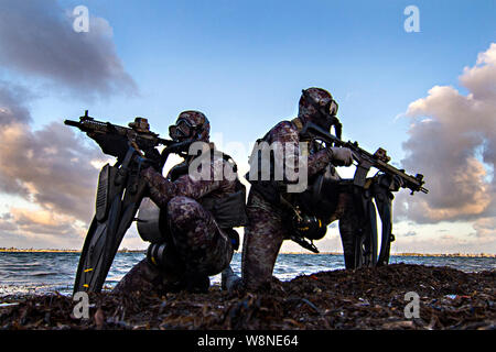 US Navy SEALs assigned to Naval Special Warfare Group 2 are pictured conducting military dive operations off the East Coast of the United States on May 29 2019. SEALs, the maritime component of US Special Forces, are trained to conduct missions from sea, air and land and engage in a continuous training cycle to improve and further specialize skills needed during deployments across the globe. Stock Photo