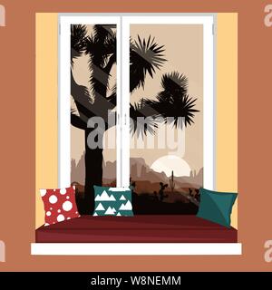 The sofa on the window sill with the mountains desert view. Morning landscape with Joshua tree and mountains over sunrise. Vector illustration. Stock Vector