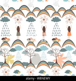 Autumn seamless pattern. Tribal vector backround with rainy clouds, rainbows, girls, rainy clouds, suns, trees, and mushrooms. Stock Vector