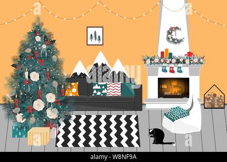 Christmas living room with a christmas tree and presents under it - modern scandinavian style, vector illustration Stock Vector