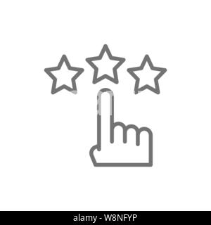 Finger point to stars, customer review, feedback line icon. Stock Vector