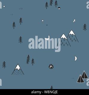 Cute hand drawn seamless pattern with camping tents, fire, trees, and mountains. Creative scandinavian woodland background. Forest. Vector Stock Vector