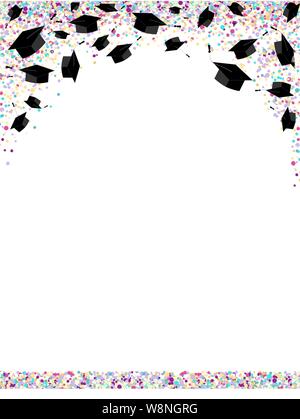 Graduate caps on bright multi colored confetti background. Graduate ceremony horizontal banner or card. Vector Stock Vector