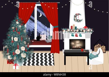 Christmas living room with a christmas tree and presents under it - modern scandinavian style, vector illustration Stock Vector