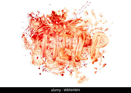 blood splatter with word HELP isolated on white background in top-down flat lay perspective Stock Photo