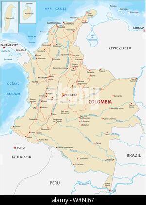 Map with the main roads and rivers of Colombia Stock Vector