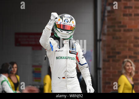 KENT, UNITED KINGDOM. 10th Aug, 2019. Marco Wittmann (BMW Team RMG) celebrates winning of the Race after DTM Race 1 during DTM (German Touring Cars) and W Series at Brands Hatch GP Circuit on Saturday, August 10, 2019 in KENT, ENGLAND. Credit: Taka G Wu/Alamy Live News Stock Photo