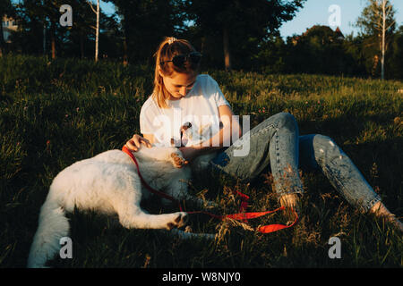 Beautiful relaxed young female in light casual clothes reclining on green grass and hugging and playing with lying on back happy white dog with open j Stock Photo