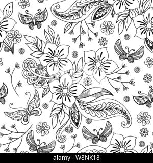 Hand drawn flowers and butterfly seamless pattern. Black and white vector illustration in doodles style. Isolated on white background. Coloring book page. Stock Vector