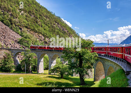 Circular viaduct of Brusio, Rhaetian Railway, Bernina Express, Brusio, Canton of Graubünden, Switzerland Stock Photo