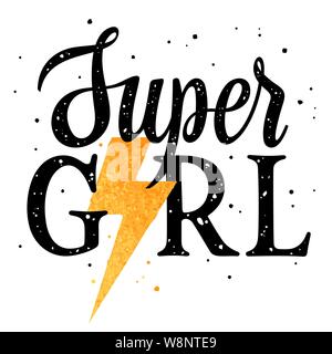 Slogan illustration for girl t-shirt print design, trendy graphic tee with girl slogan and lightning, vector Stock Vector