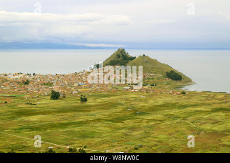 Stunning Aerial View of Copacabana City on the Titicaca Lake Shore, Copacabana, Bolivia Stock Photo