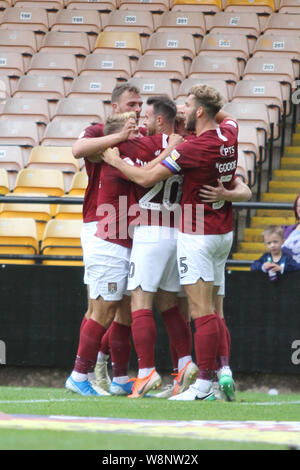 Stoke on trent, UK. 10th August, 2019. Ryan Watson of Northampton Town celebrates his goal during the Sky Bet League 2 match between Port Vale and Northampton Town at Vale Park, Burslem on Saturday 10th August 2019. (Credit: Tina Newbury | MI News) Editorial use only, license required for commercial use. Photograph may only be used for newspaper and/or magazine editorial purposes Credit: MI News & Sport /Alamy Live News Stock Photo