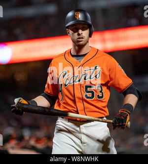 San Francisco, California. USA. 09th August, 2019. San Francisco Giants right fielder Austin Slater (53) getting ready for an at bat, during a MLB game between the Philadelphia Phillies and the San Francisco Giants at Oracle Park in San Francisco, California. Valerie Shoaps/CSM Credit: Cal Sport Media/Alamy Live News Stock Photo